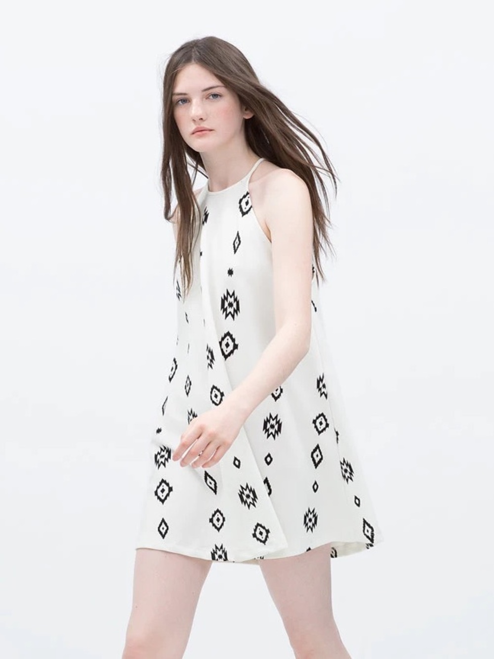 Zara Black White Aztec Print Trapeze Halter Mini Dress Small